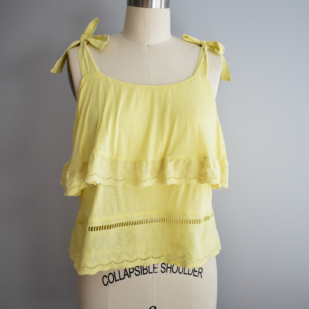 Yellow Jersey Tank with Lace Tiered Gathered Top and Woven Tie Straps
